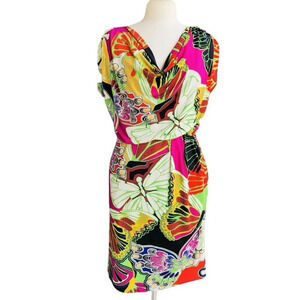 ALFANI Butterflies Sheath Dress Women’s L Multicolor V-neck Cowl-back Y2K